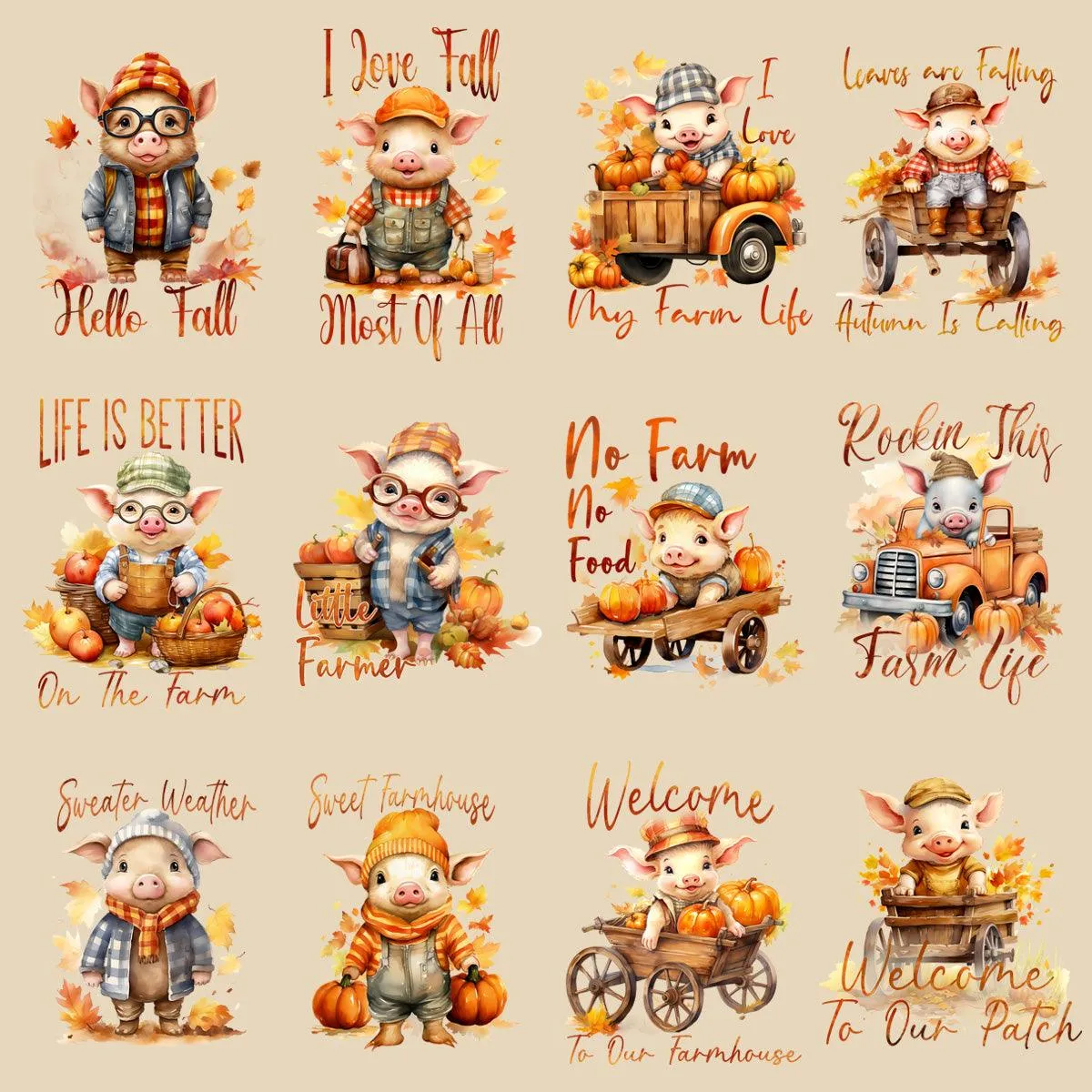 23 Cute Fall Pig Designs Bundle PNG