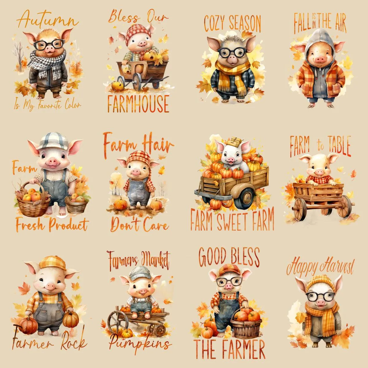 23 Cute Fall Pig Designs Bundle PNG