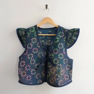 Amelia Flutter Sleeve Vest Indigo with Green Flowers L021