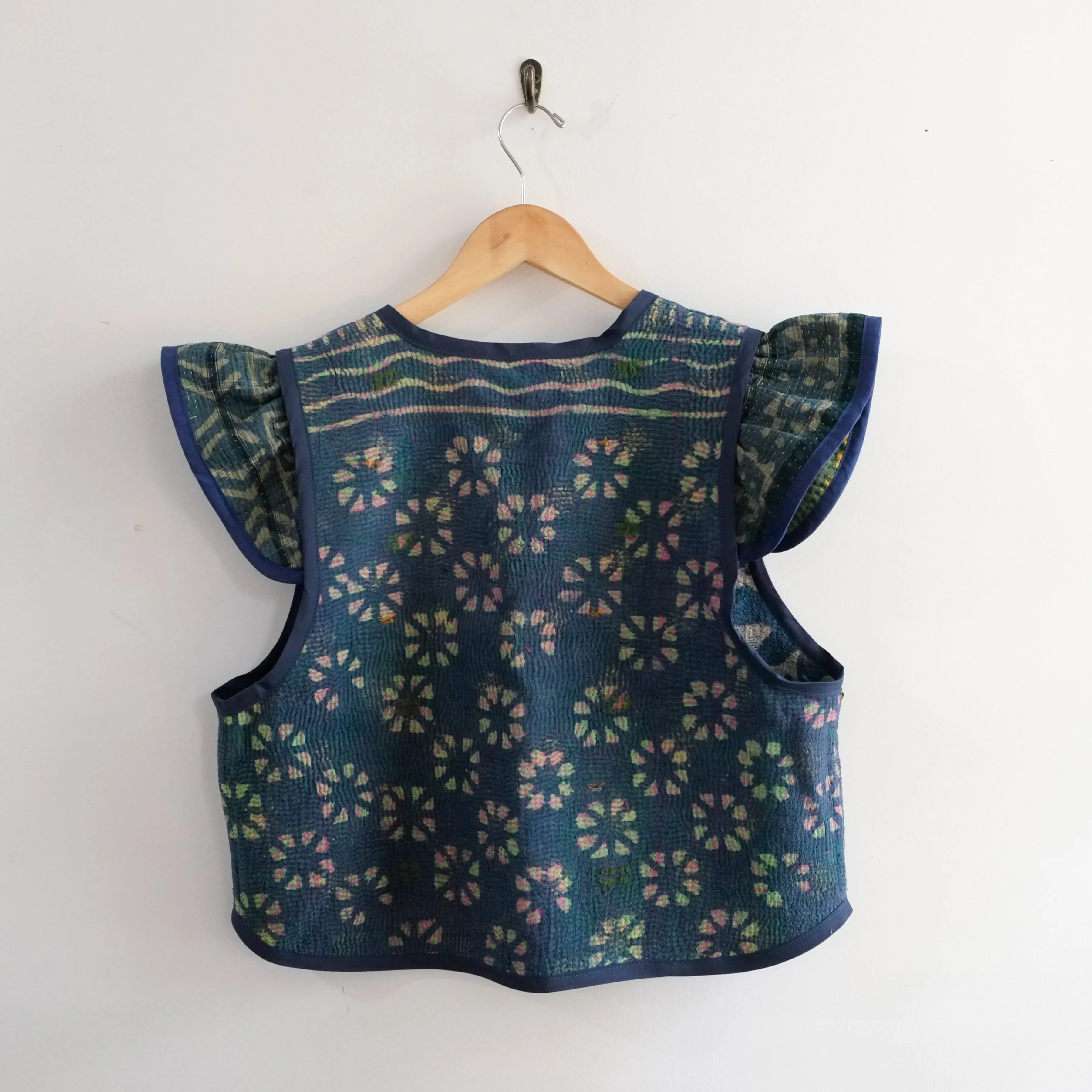 Amelia Flutter Sleeve Vest Indigo with Green Flowers L021