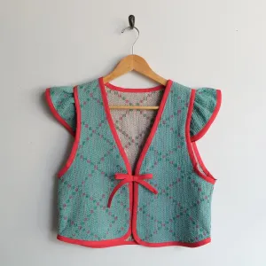 Amelia Flutter Sleeve Vest Seagreen with Red Trim S062