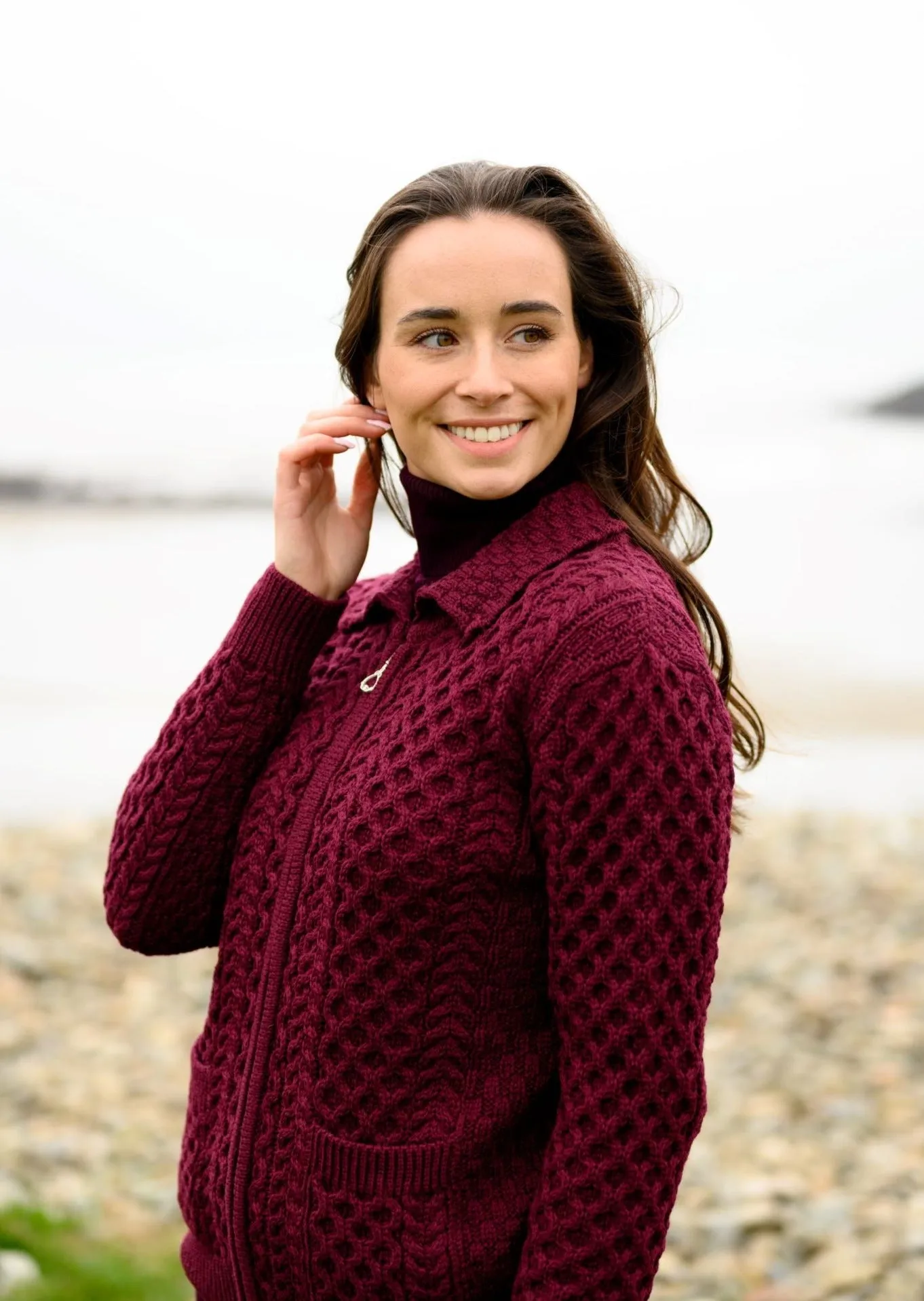 Aran Full Zip Cardigan | Burgundy