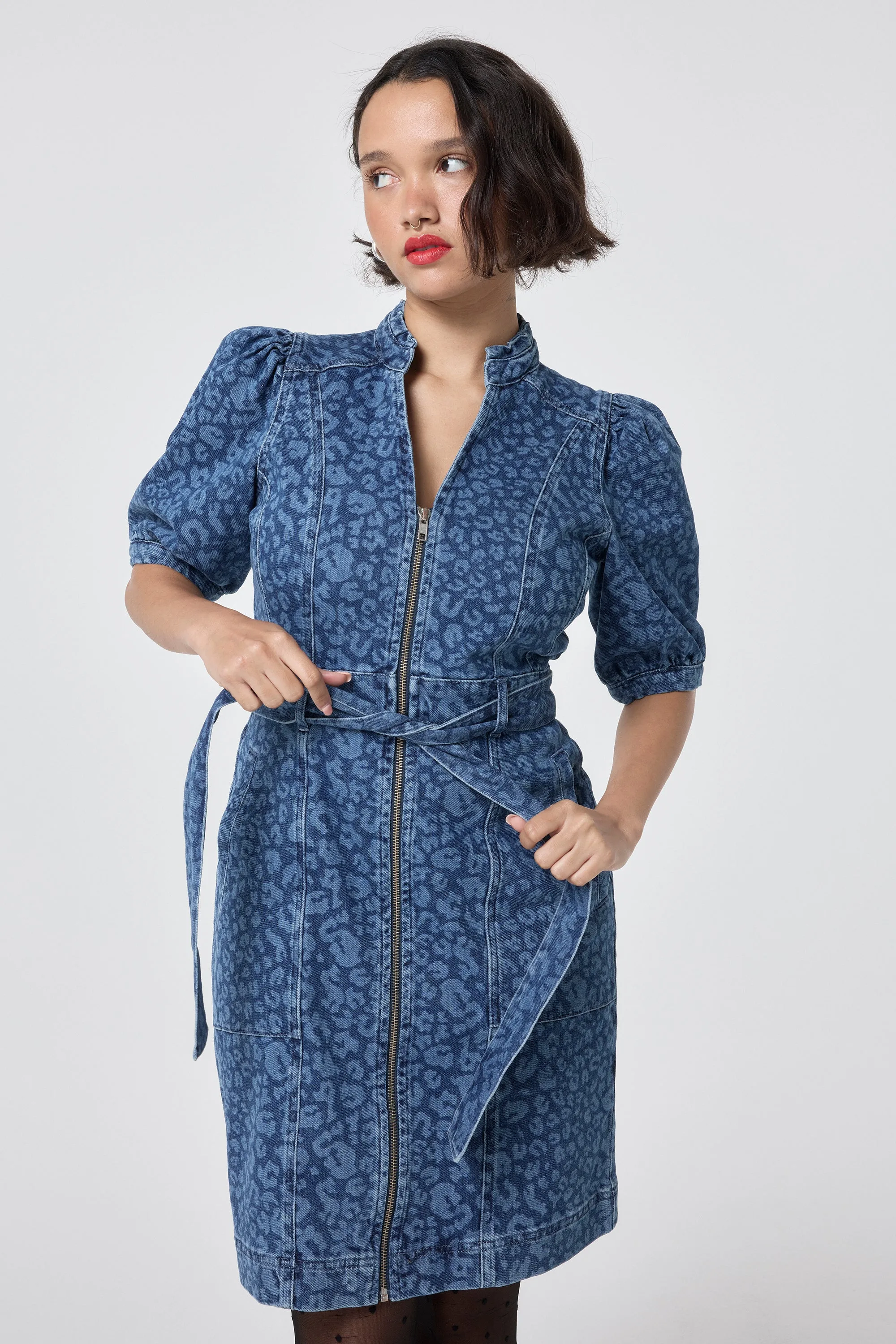 Authentic Indigo Leopard Zip Detail Short Denim Dress