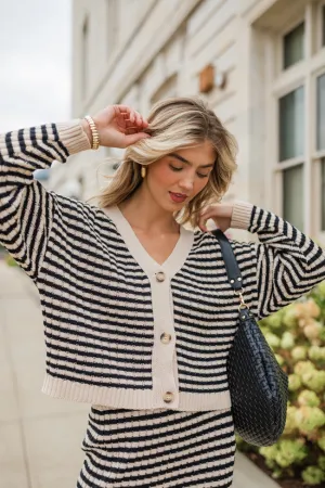 Believe In Me Cream and Black Button Front Striped Cardigan