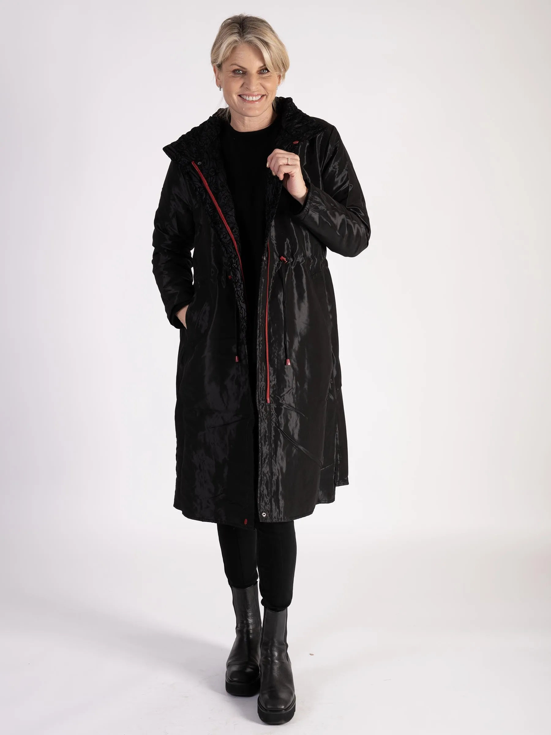 Black Paisley Flocked Quilted Reversible Zip Long Coat