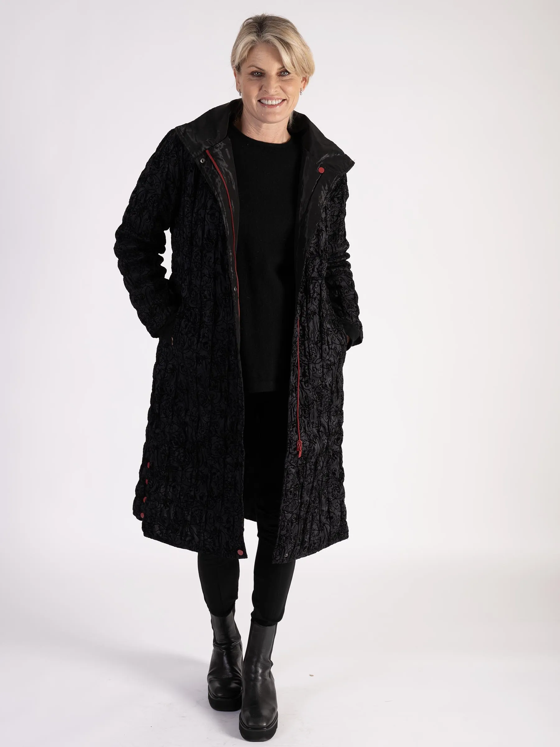 Black Paisley Flocked Quilted Reversible Zip Long Coat