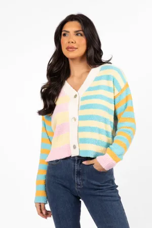 Check It Out Yellow, Blue, and Pink Fuzzy Cardigan