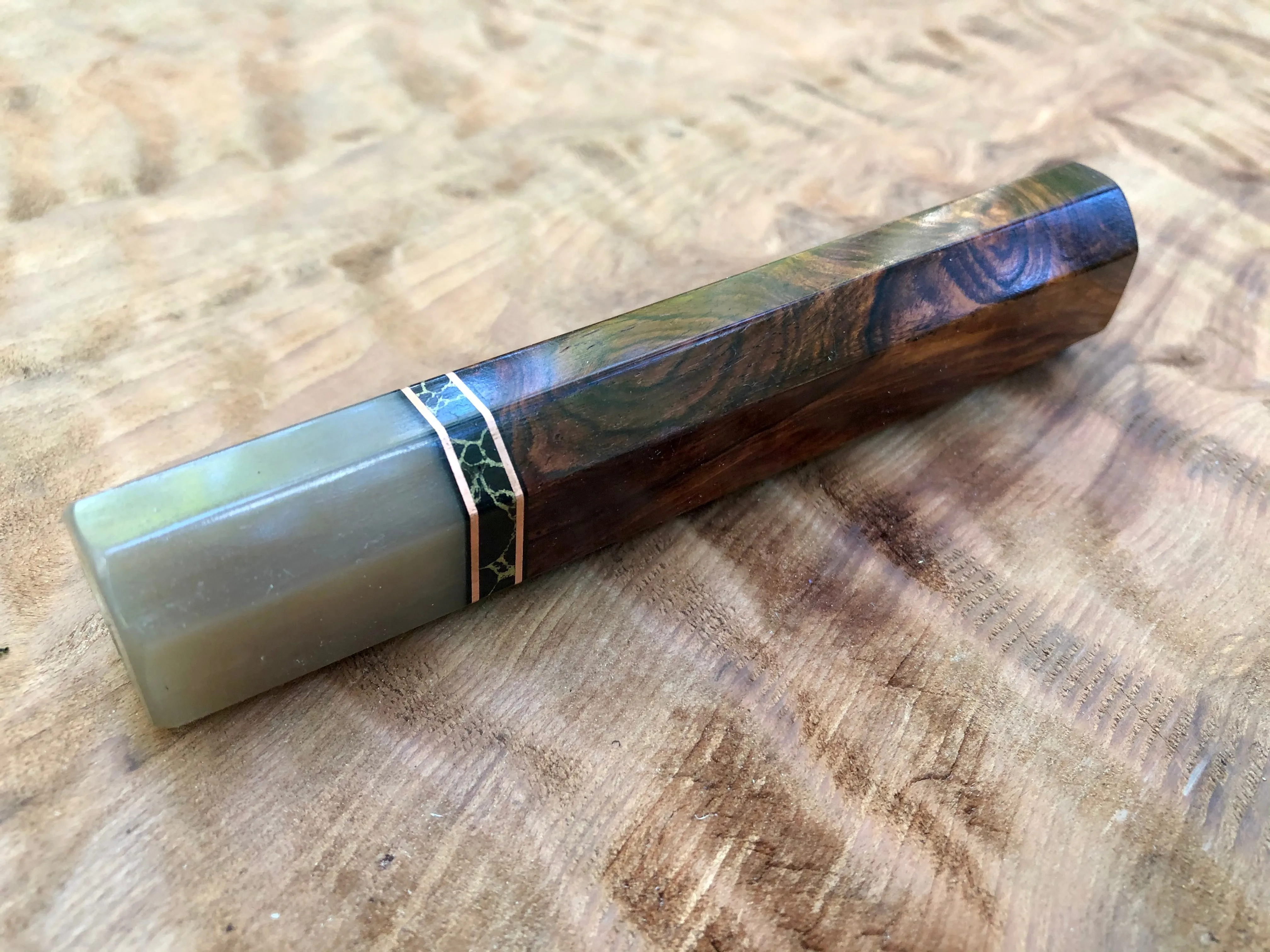 Custom Japanese Knife Handle (Wa Handle) - Honduran Rosewood Burl and Blonde Horn