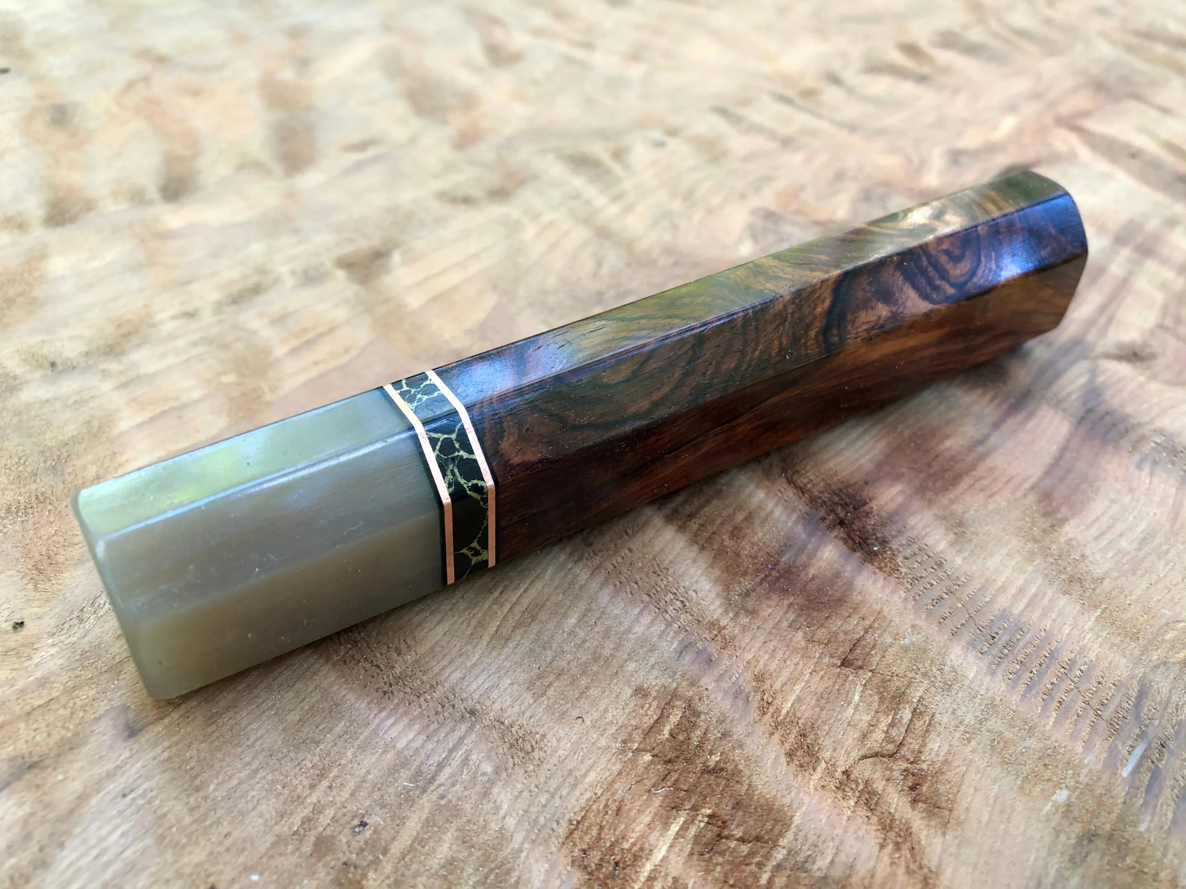 Custom Japanese Knife Handle (Wa Handle) - Honduran Rosewood Burl and Blonde Horn