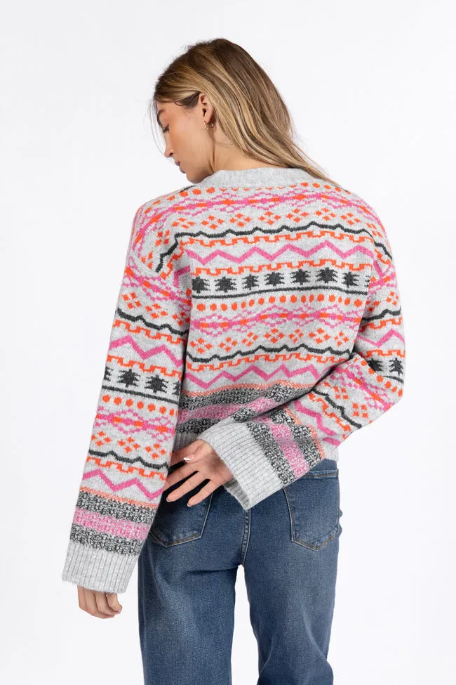 Fair And Square Grey And Pink Fair Isle Cardigan FINAL SALE