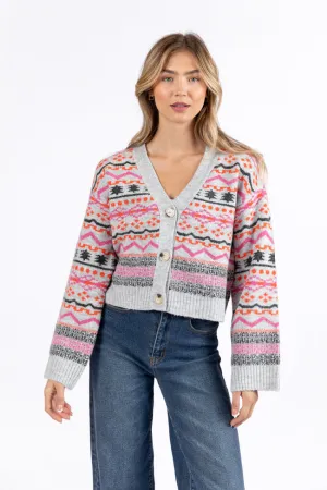 Fair And Square Grey And Pink Fair Isle Cardigan FINAL SALE