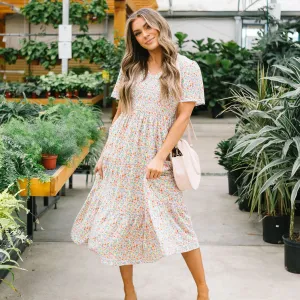 Fields of Gold Floral Smocked Midi Dress // Coral