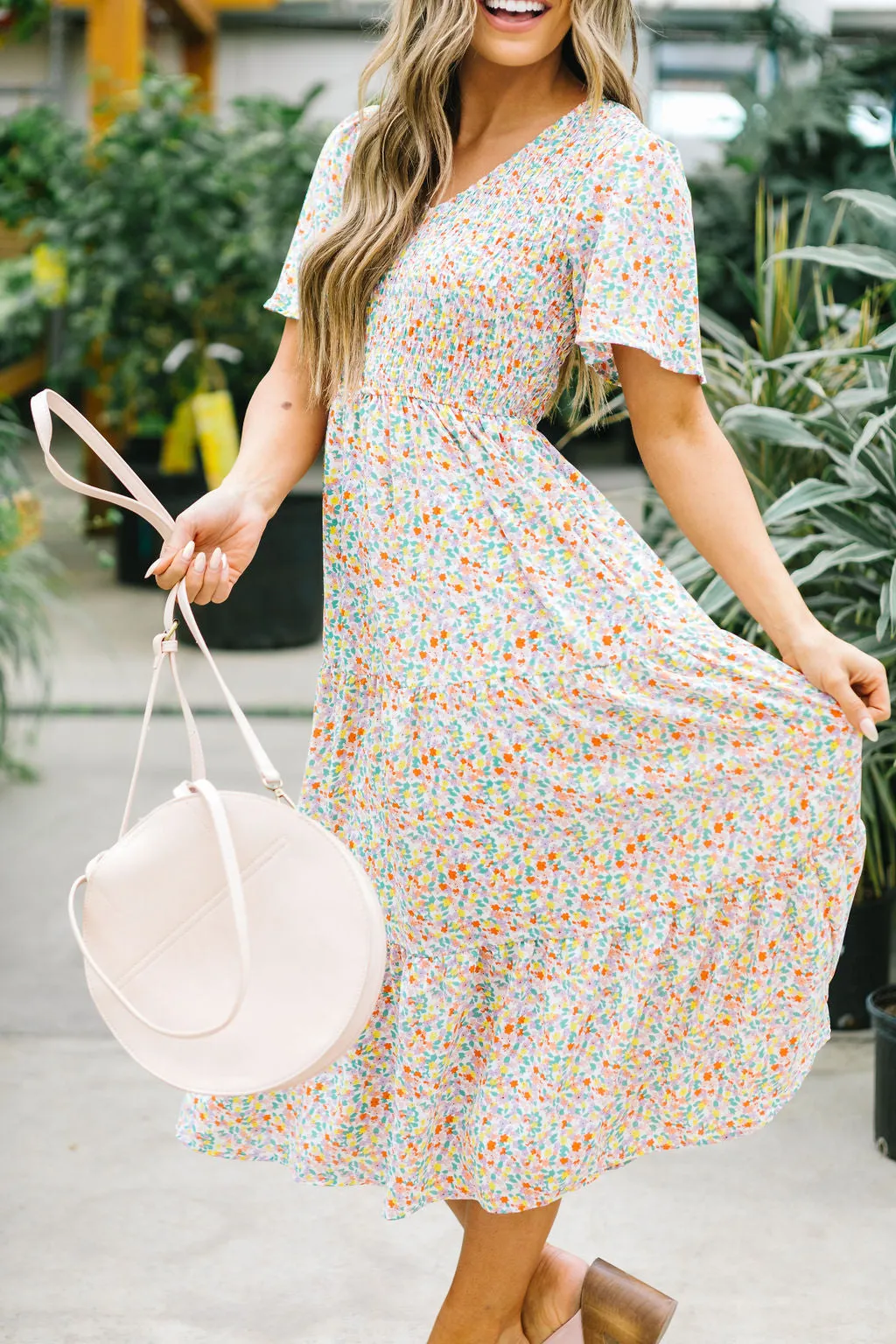 Fields of Gold Floral Smocked Midi Dress // Coral