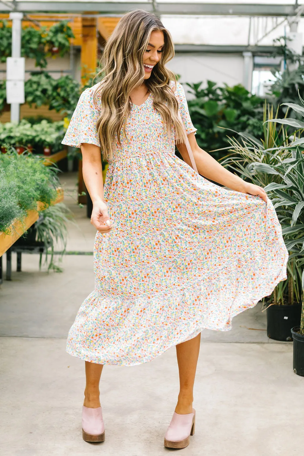 Fields of Gold Floral Smocked Midi Dress // Coral