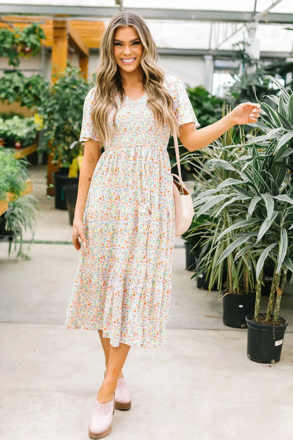 Fields of Gold Floral Smocked Midi Dress // Coral