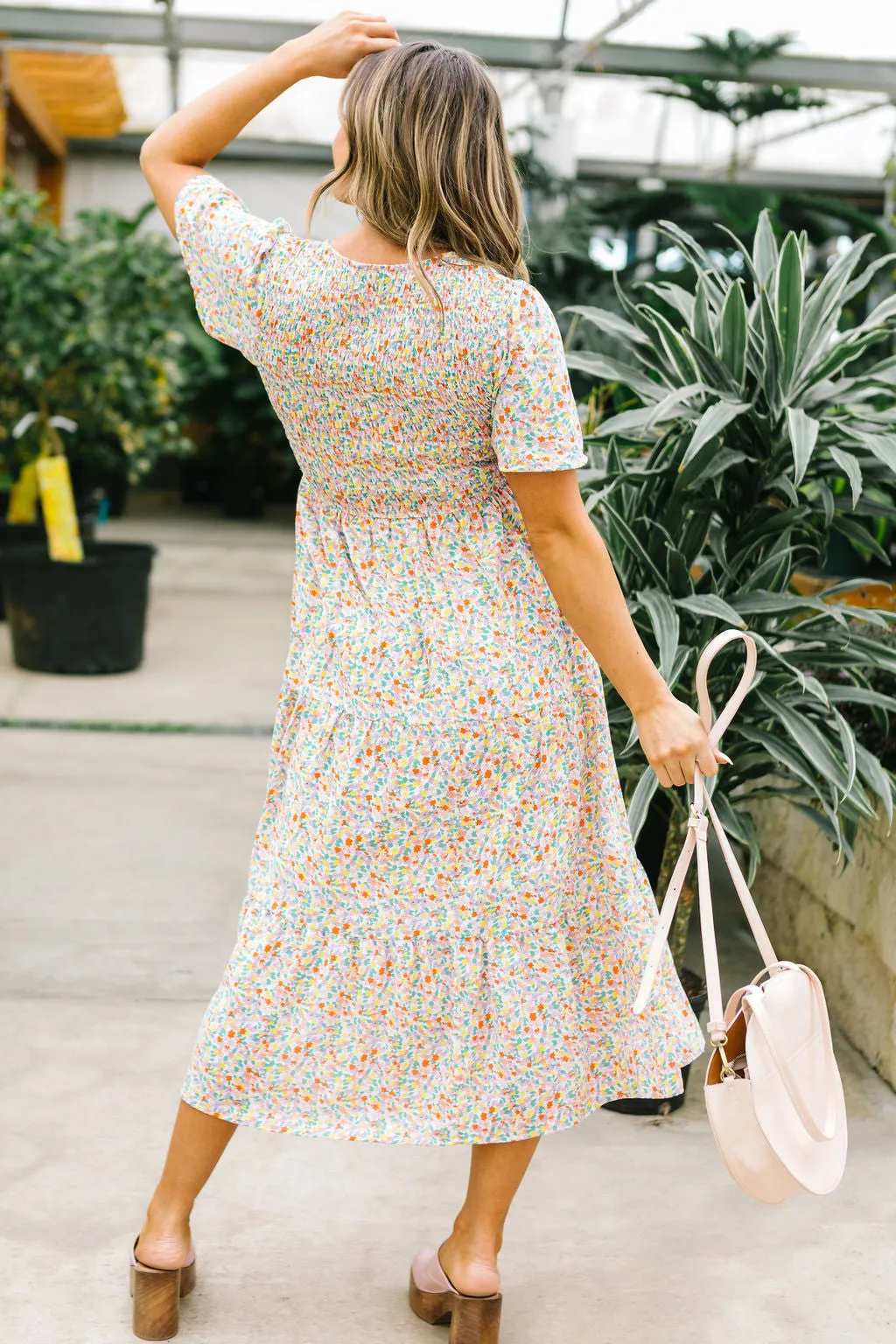 Fields of Gold Floral Smocked Midi Dress // Coral