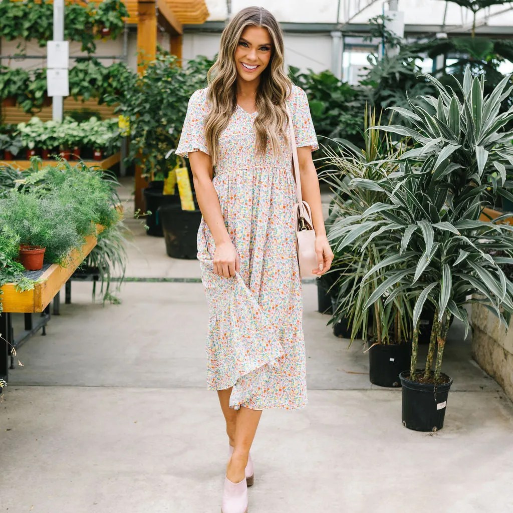 Fields of Gold Floral Smocked Midi Dress // Coral