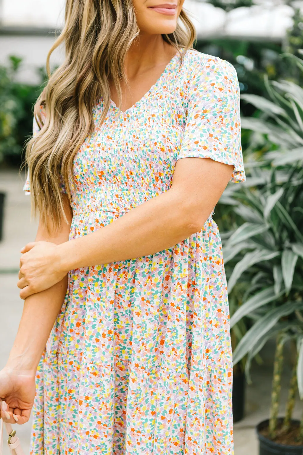 Fields of Gold Floral Smocked Midi Dress // Coral