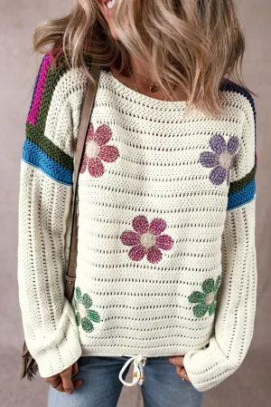 Floral Stripe Pointelle Knit Sweater