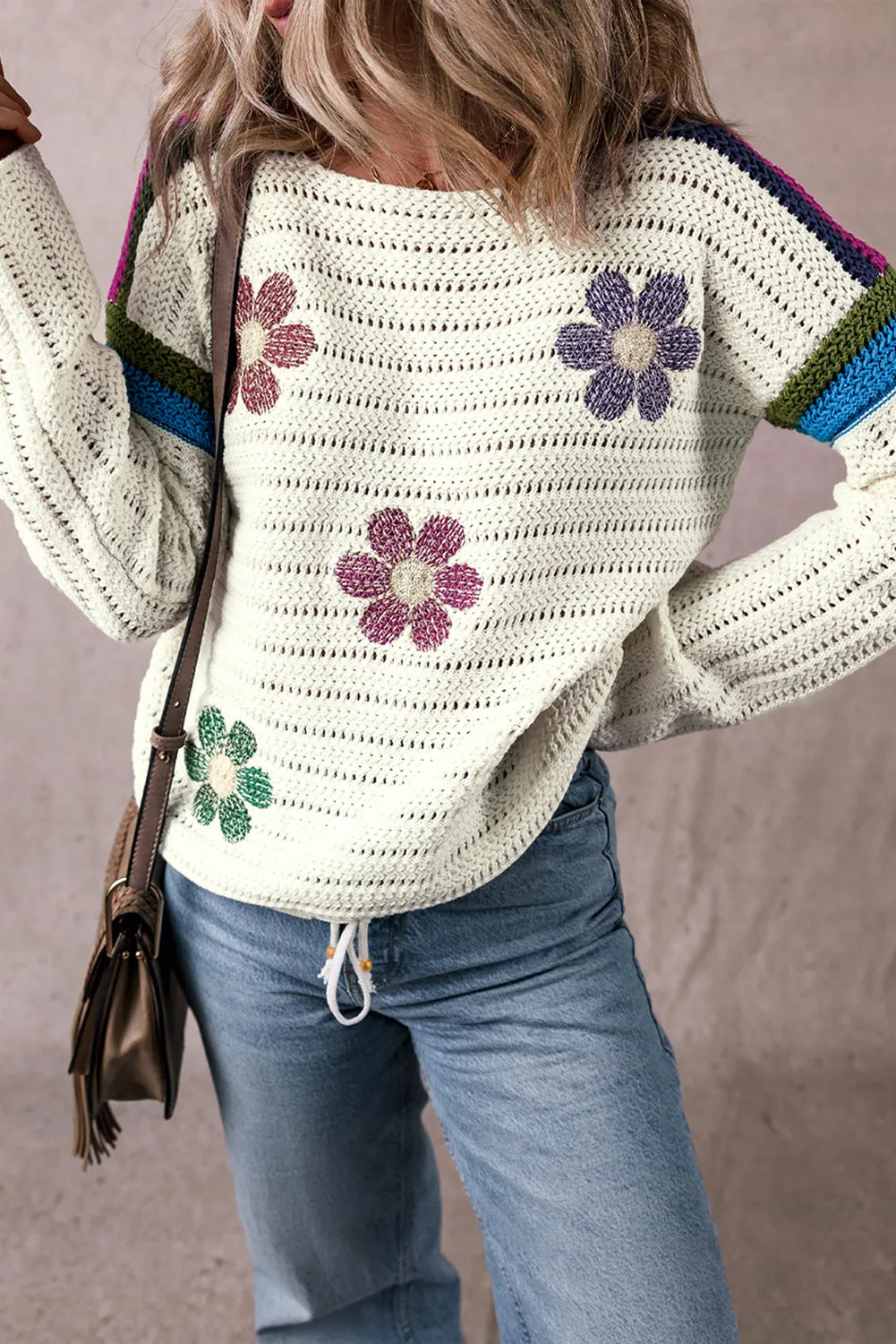 Floral Stripe Pointelle Knit Sweater