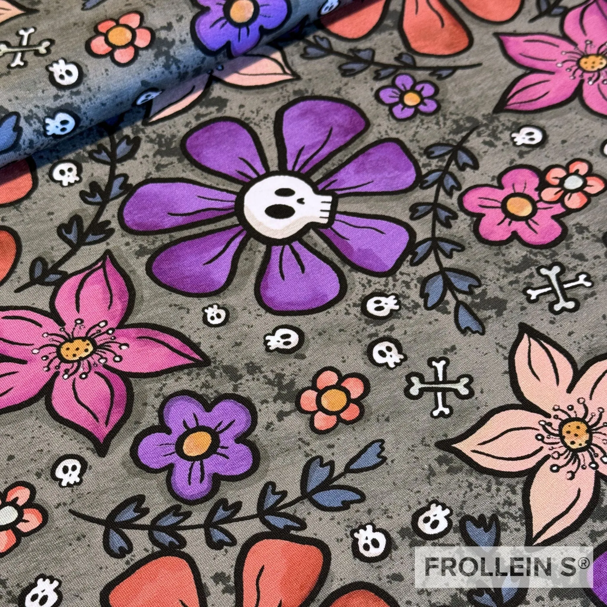 French Terry Knit Fabric - Skull Flowers