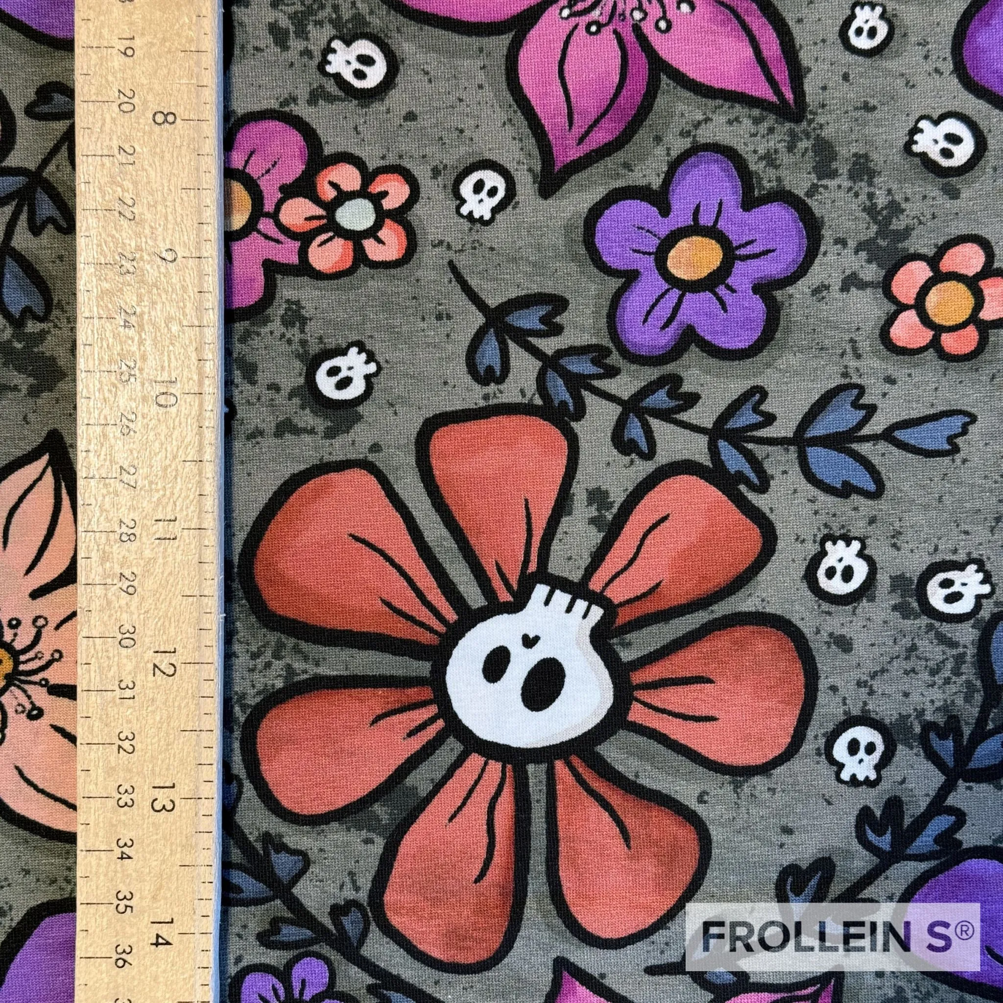 French Terry Knit Fabric - Skull Flowers