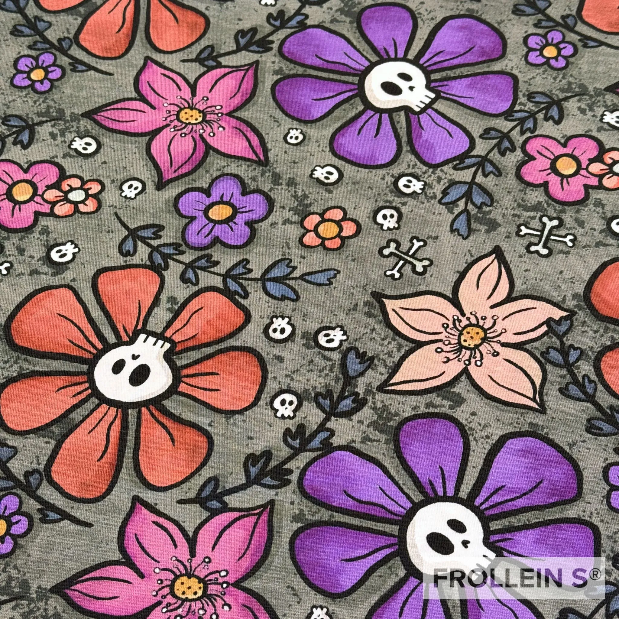 French Terry Knit Fabric - Skull Flowers