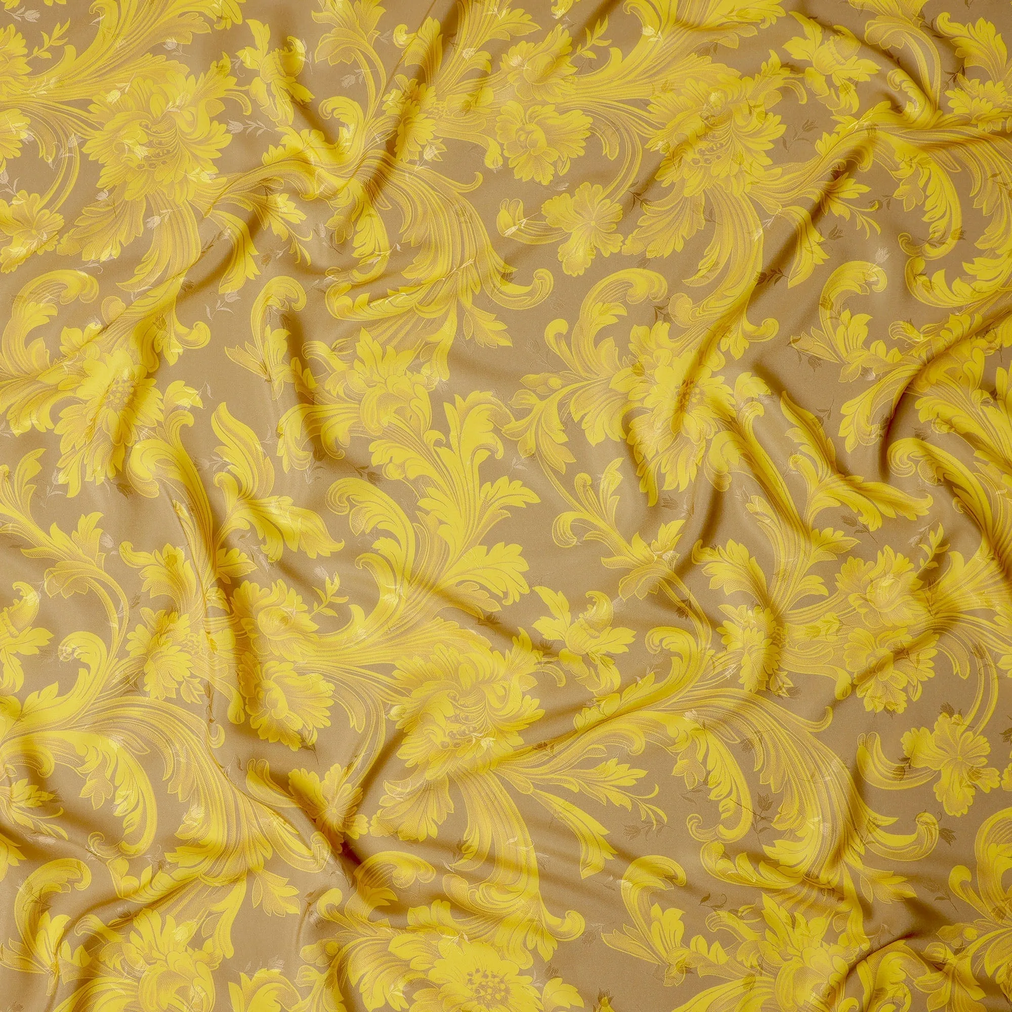 Golden Yellow Baroque Print Pure Silk Satin Fabric, 140 cm Width, Made in Italy -D21169