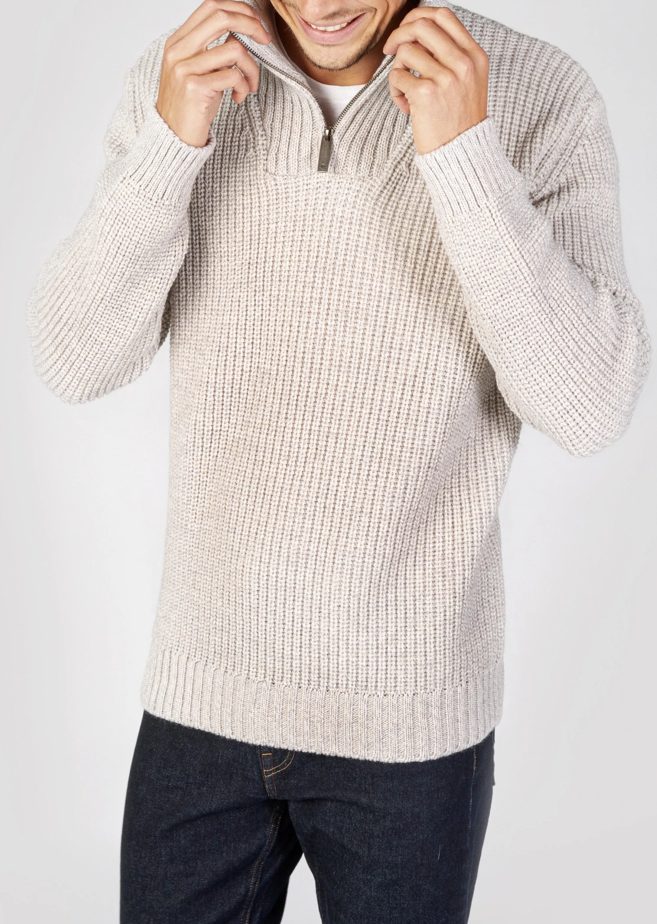 IrelandsEye Men's Ribbed Zip Neck Sweater | Silver Marl