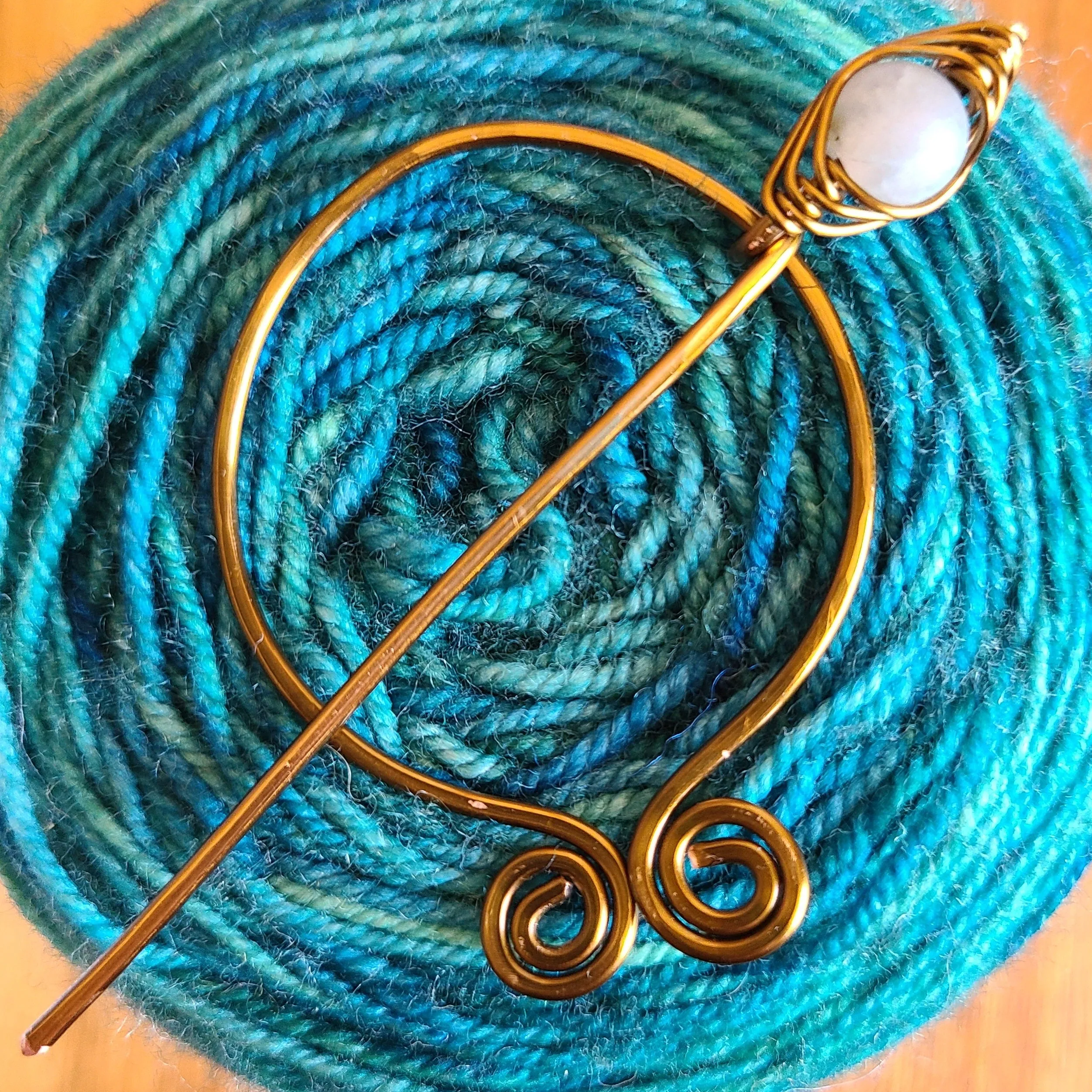 Labradorite Penannular Shawl Pin in Silver or Vintage Bronze