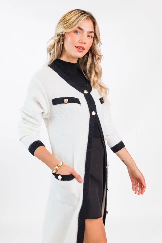 On Your Time Ivory and Black Long Button Front Cardigan SALE