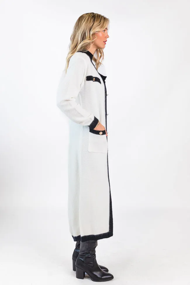 On Your Time Ivory and Black Long Button Front Cardigan SALE