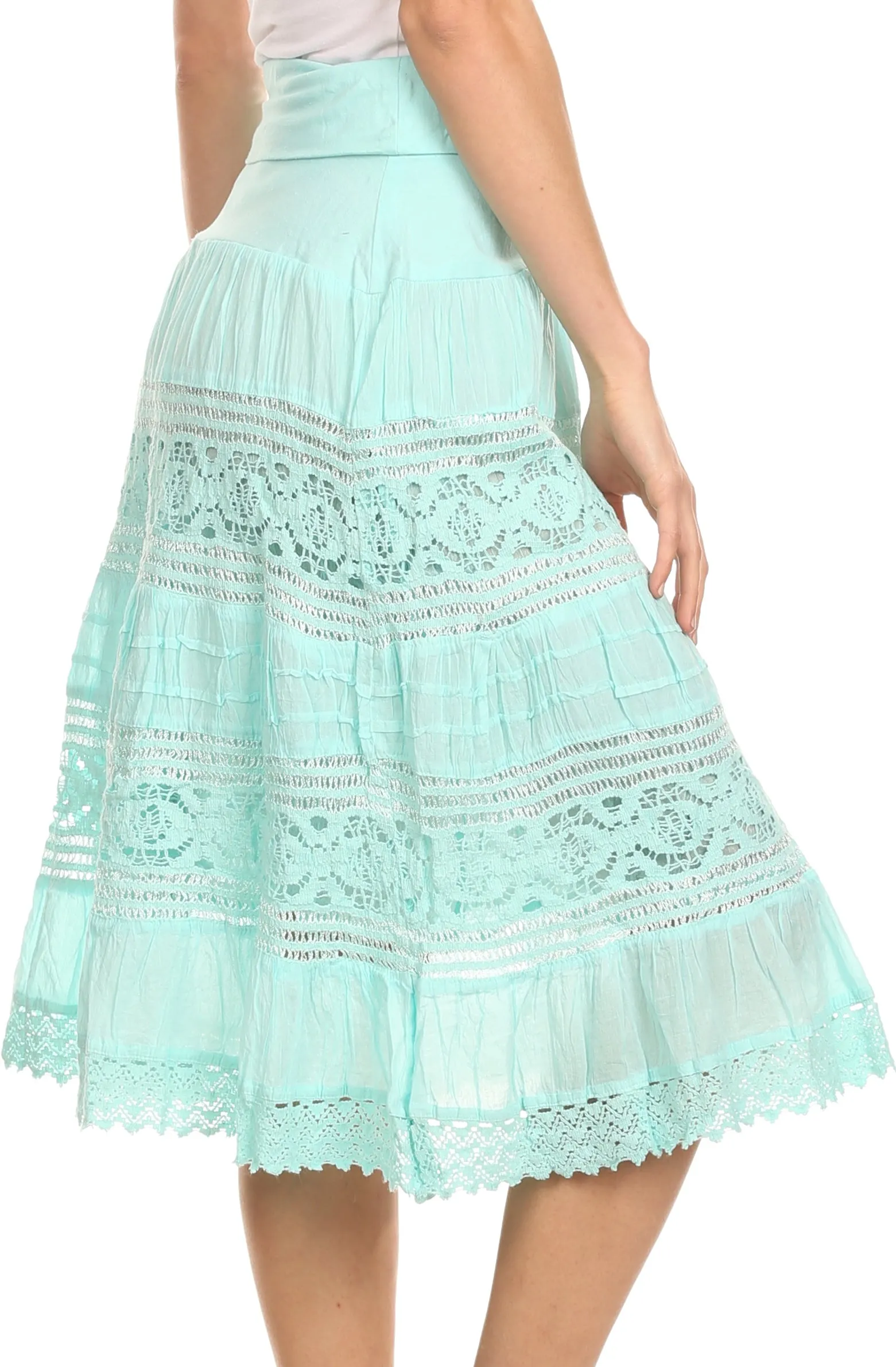 Sakkas Stephanie Crochet Lace Knee-Length Cotton Skirt with Fold-Over Waistband