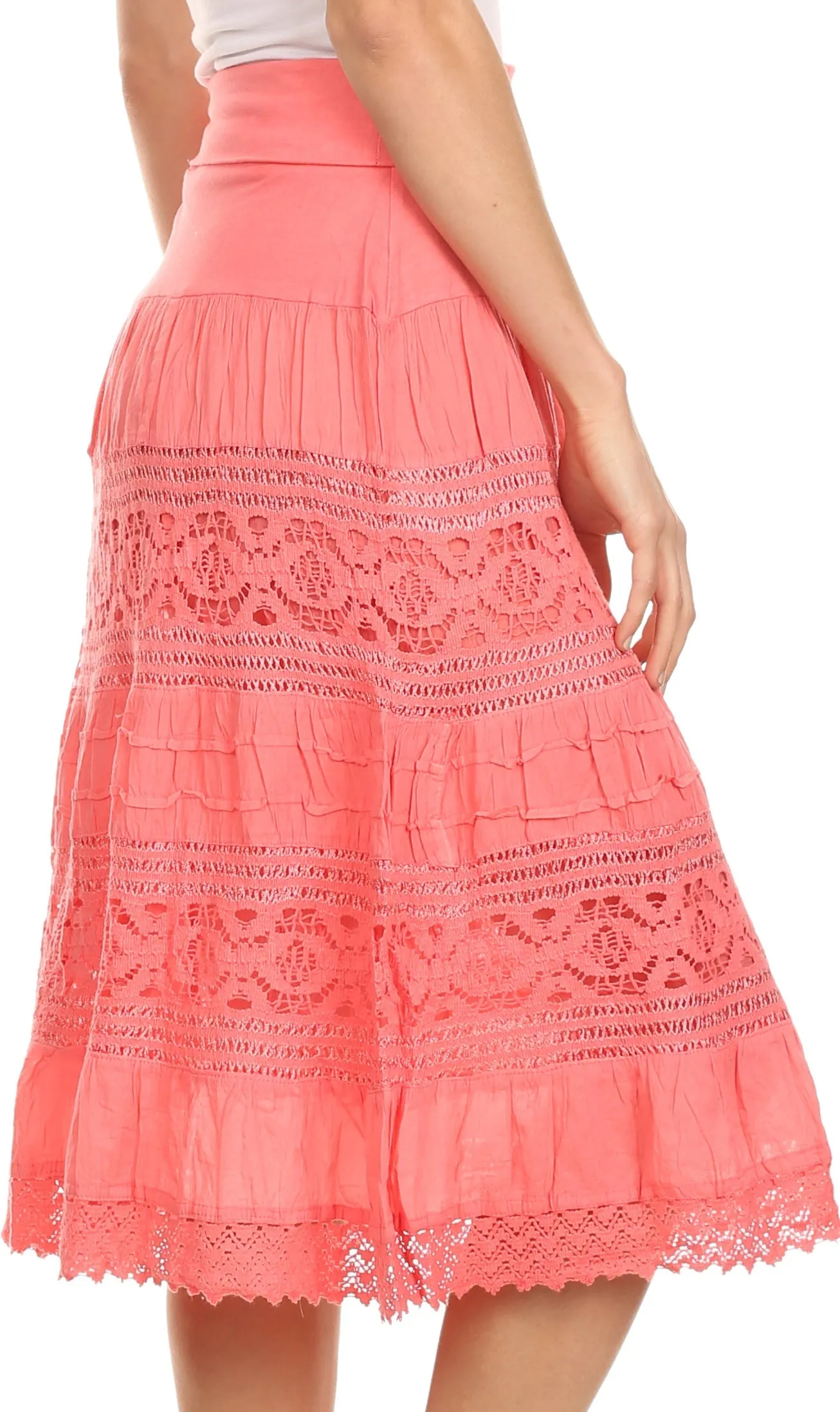 Sakkas Stephanie Crochet Lace Knee-Length Cotton Skirt with Fold-Over Waistband