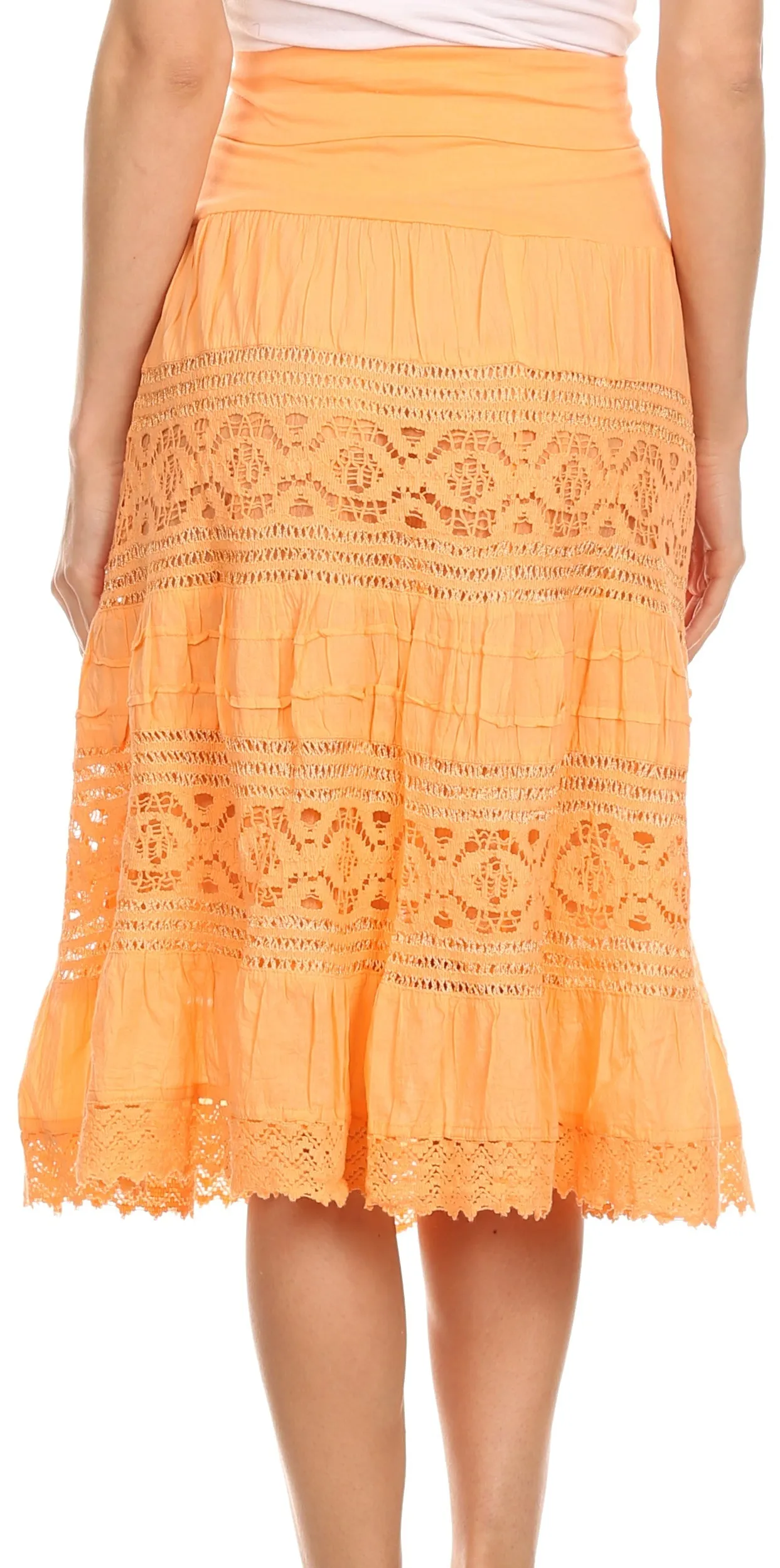 Sakkas Stephanie Crochet Lace Knee-Length Cotton Skirt with Fold-Over Waistband