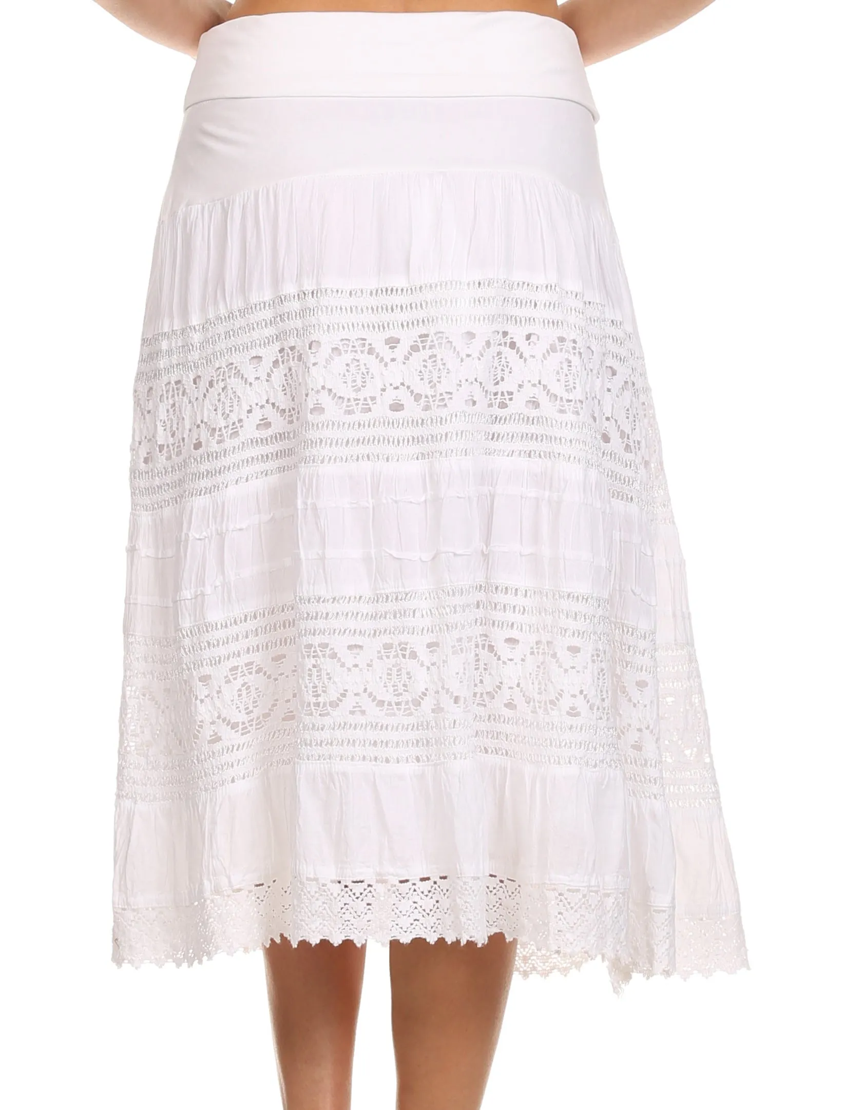 Sakkas Stephanie Crochet Lace Knee-Length Cotton Skirt with Fold-Over Waistband