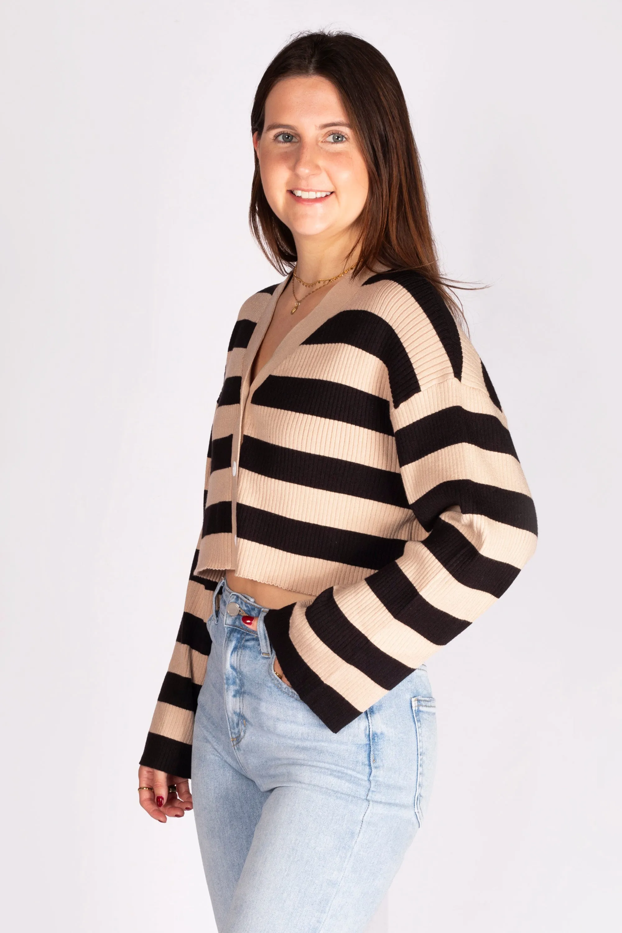 Tan & Black Striped Cropped Cardigan - SALE