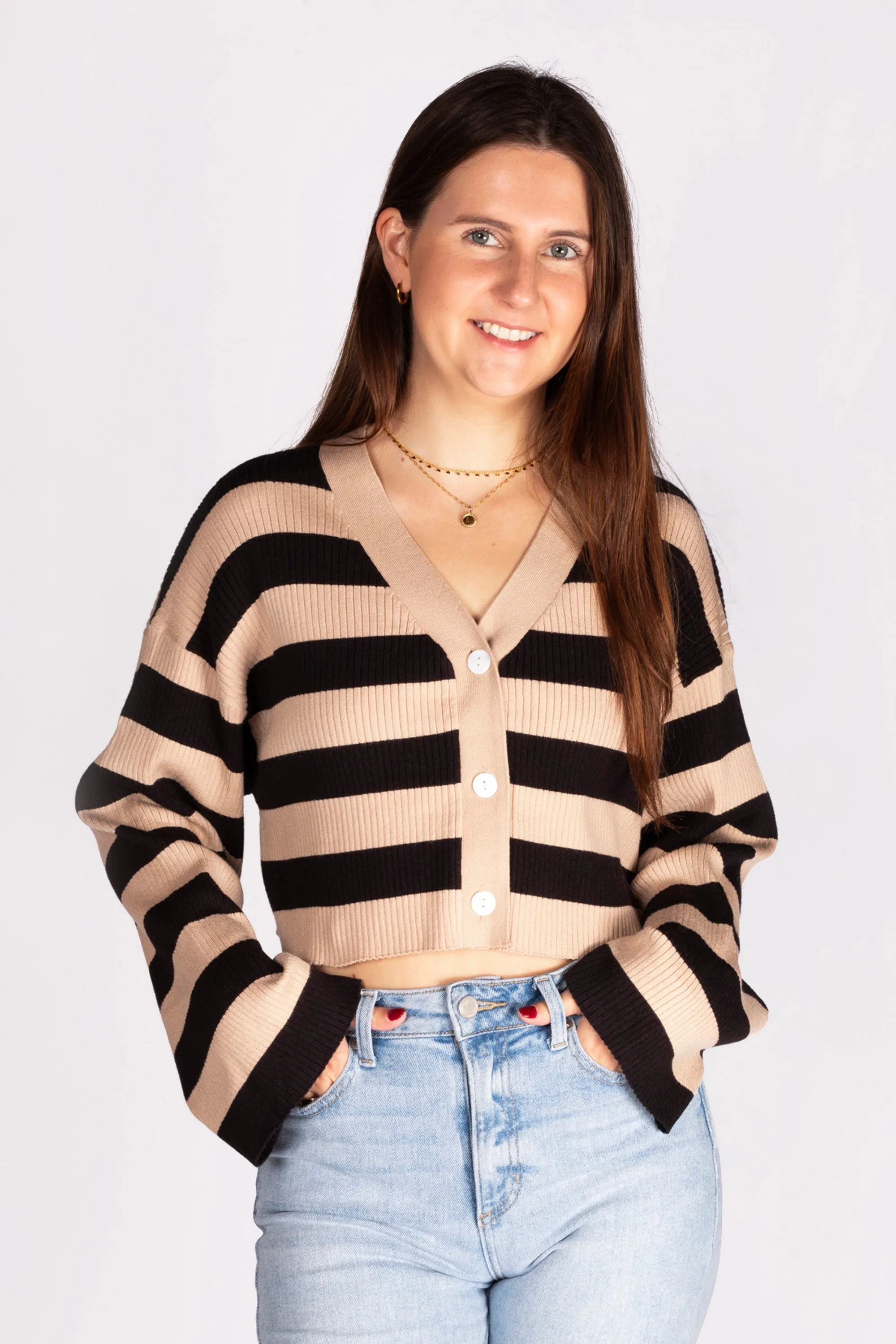 Tan & Black Striped Cropped Cardigan - SALE