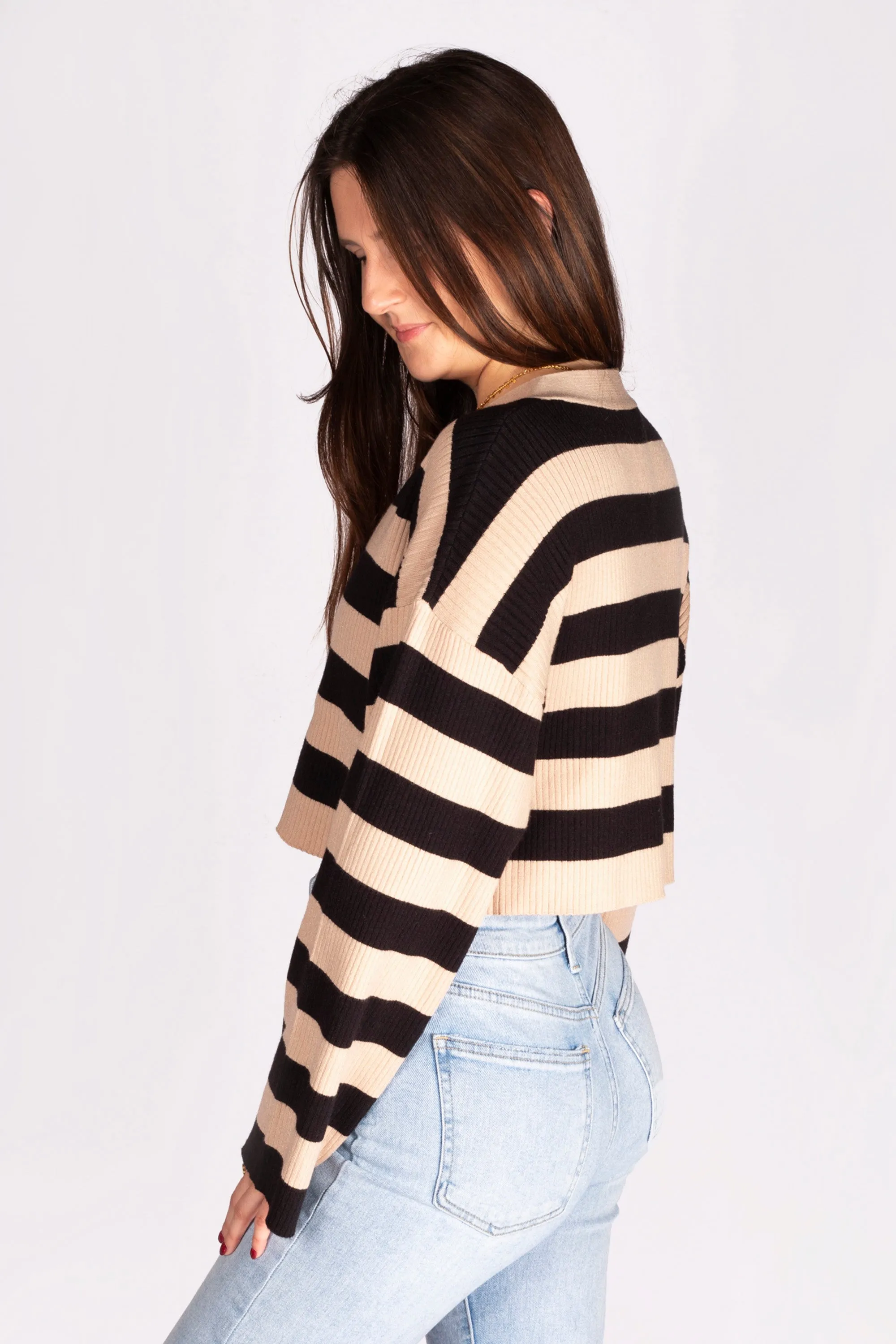 Tan & Black Striped Cropped Cardigan - SALE