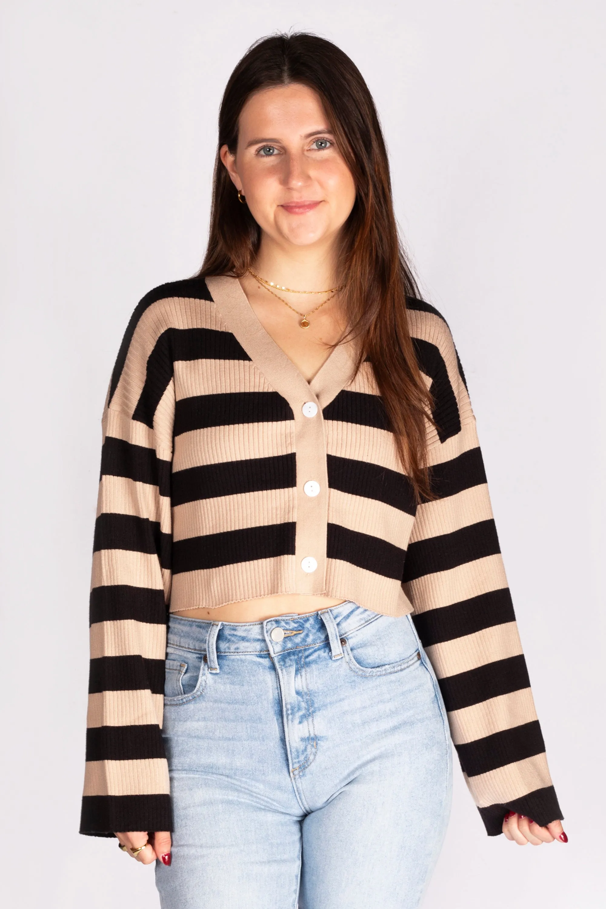 Tan & Black Striped Cropped Cardigan - SALE