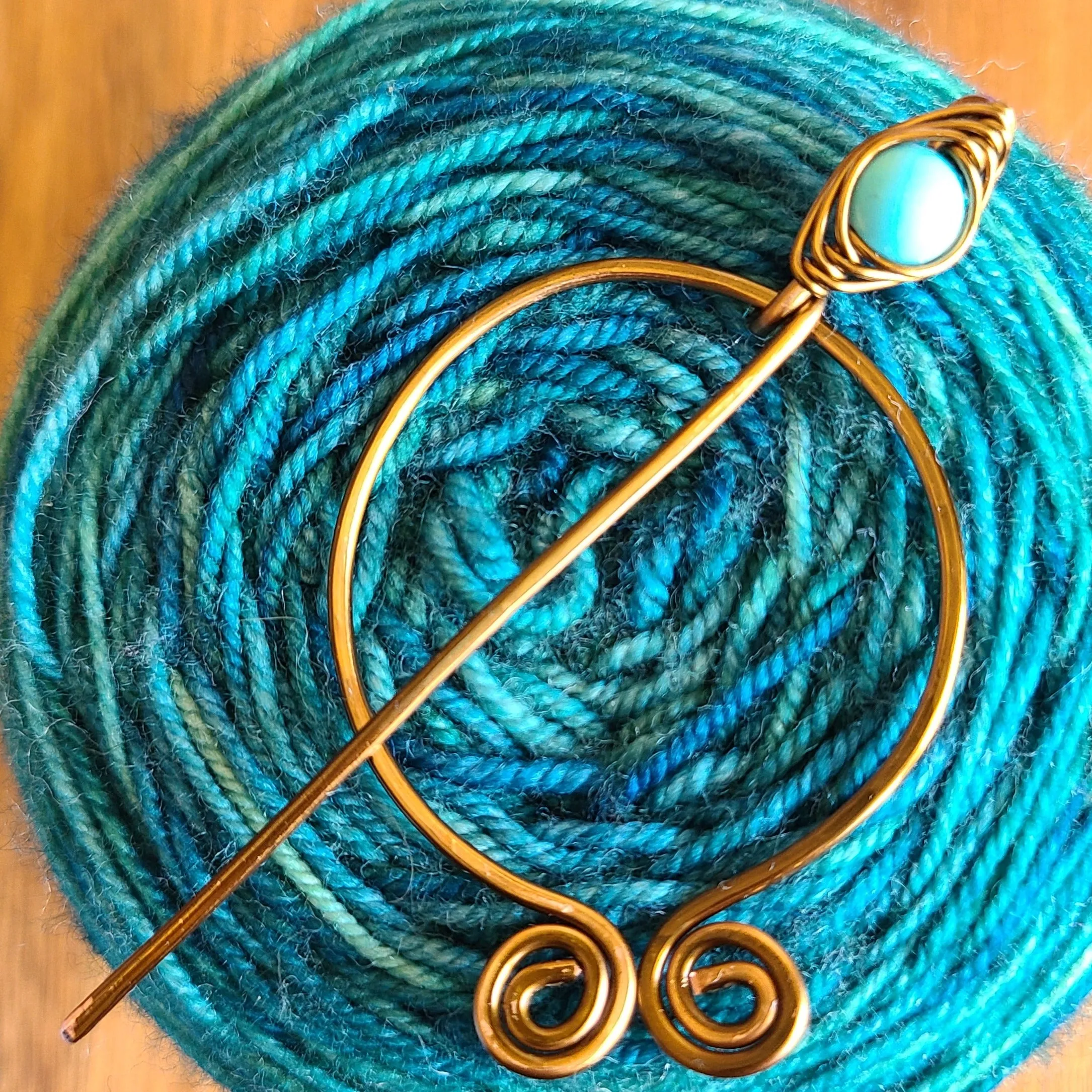 Turquoise Penannular Shawl Pin in Silver or Vintage Bronze