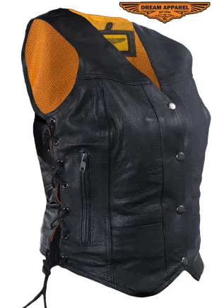 Womens Cowhide Leather Motorcycle Vest With 7 Pockets