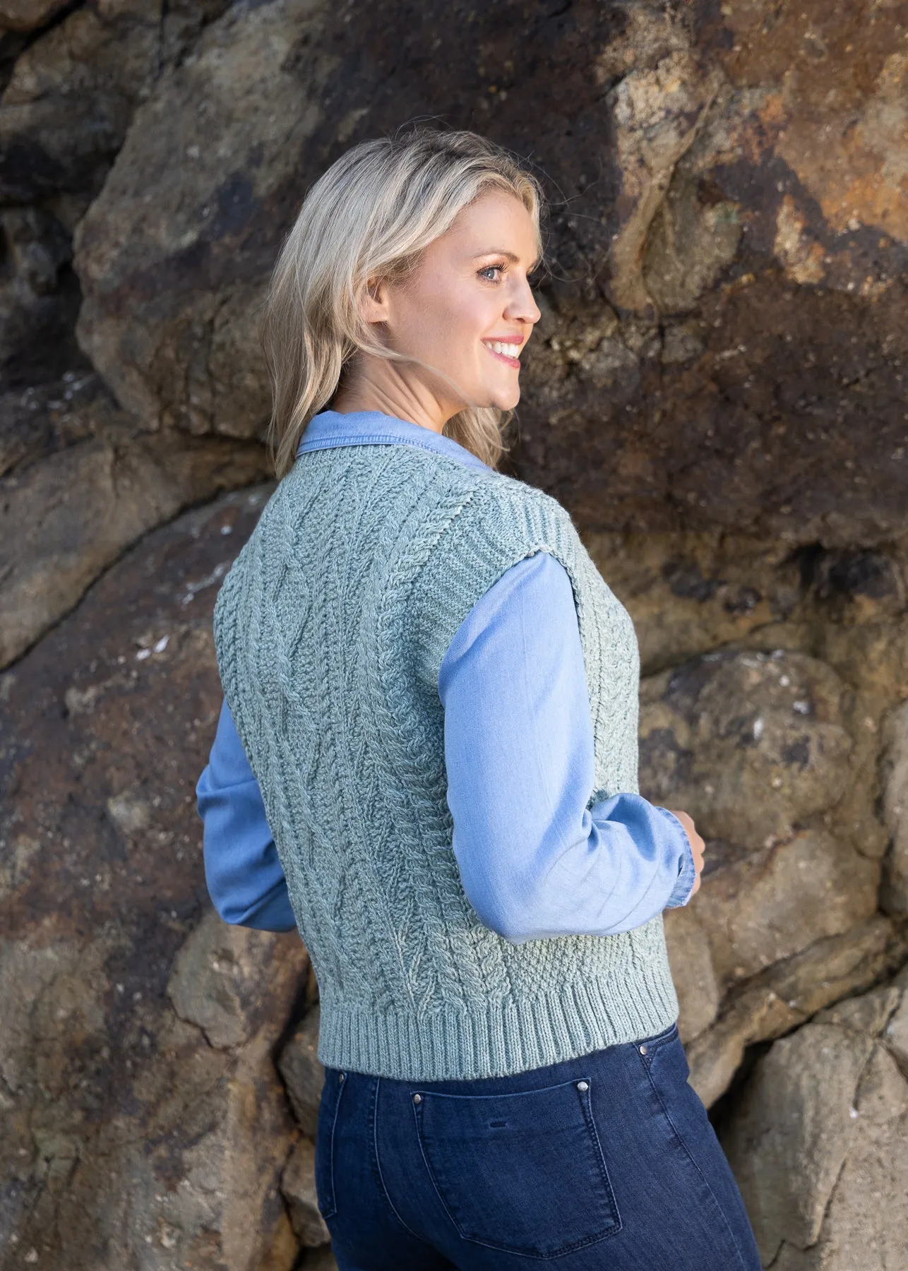 Women's V Neck Aran Vest | Sage Marl