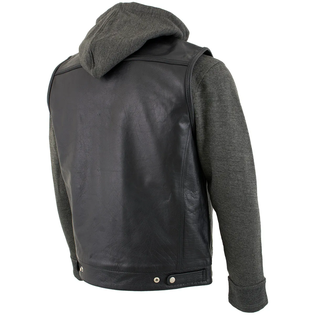 Xelement BXU1006 Men's 'Jax' Black Leather Motorcycle Hoodie Jacket with Convertible Vest